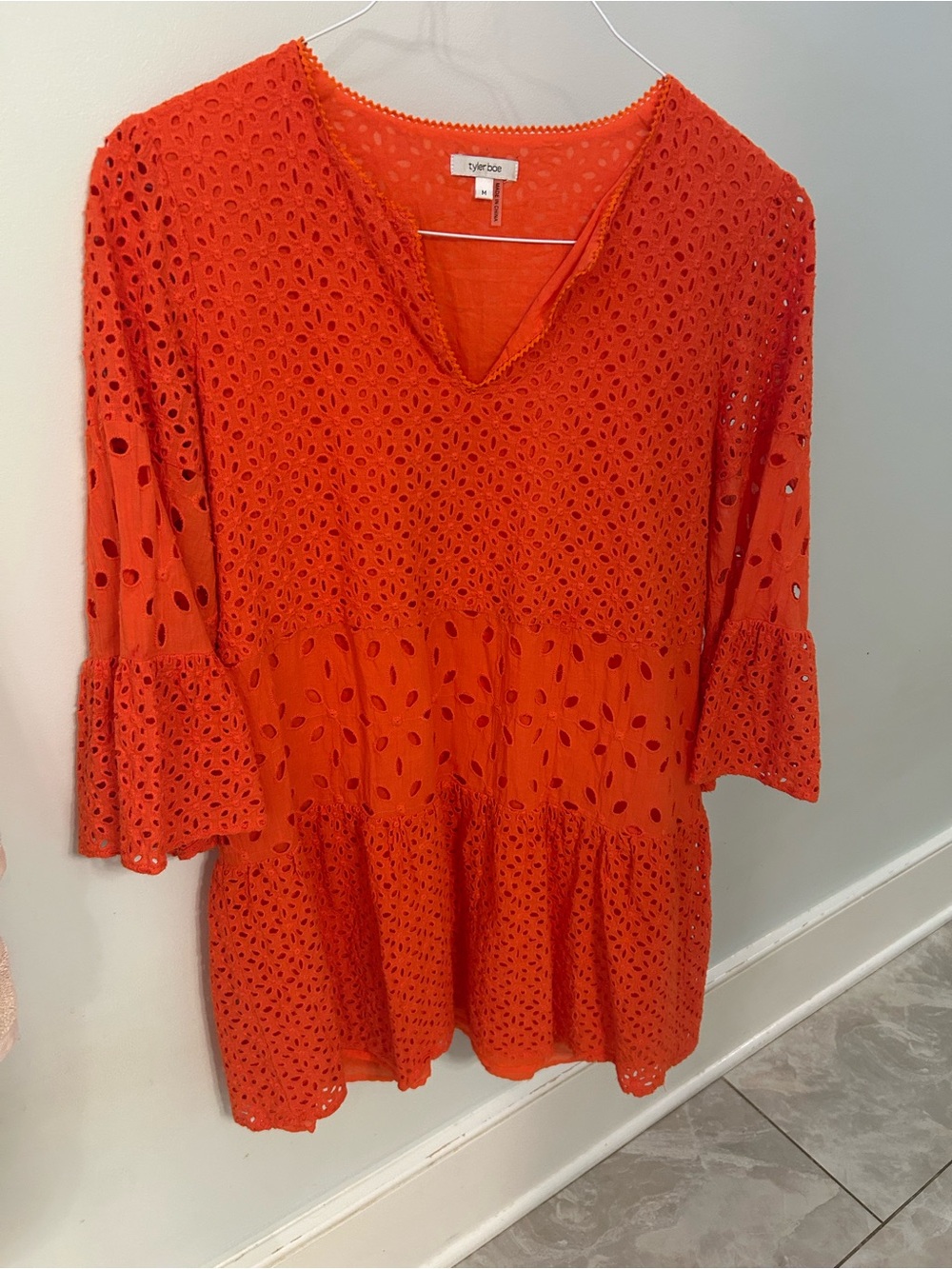 Tyler Boe Bright Orange Eyelet V-Neck Mini Dress